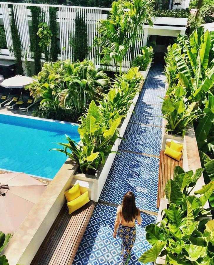 Vertical garden plantings along a resort poolside