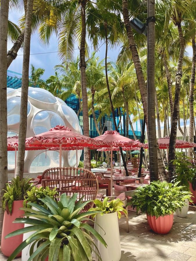 Sofia patio in the Miami Design District with palms and umbrellas